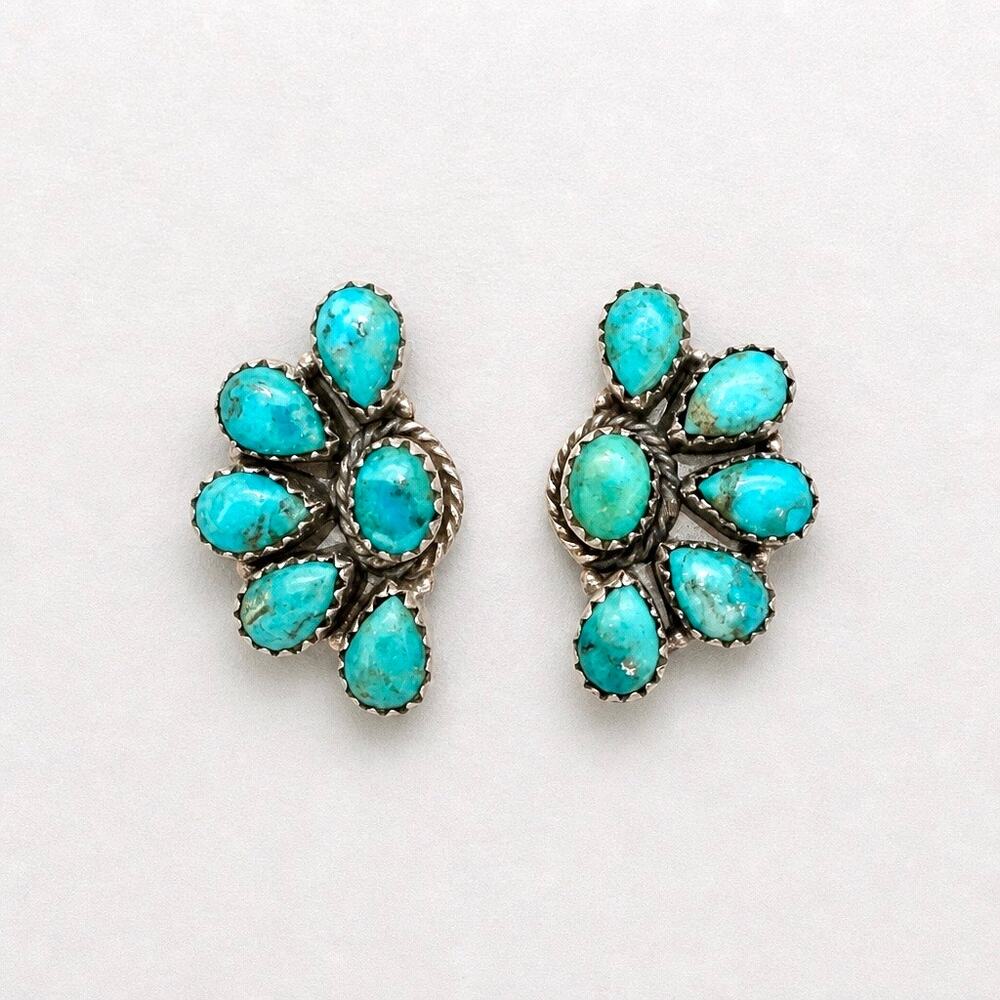 Kingman Turquoise Half Cluster Eartings Sterling Silver Southwestern For Her